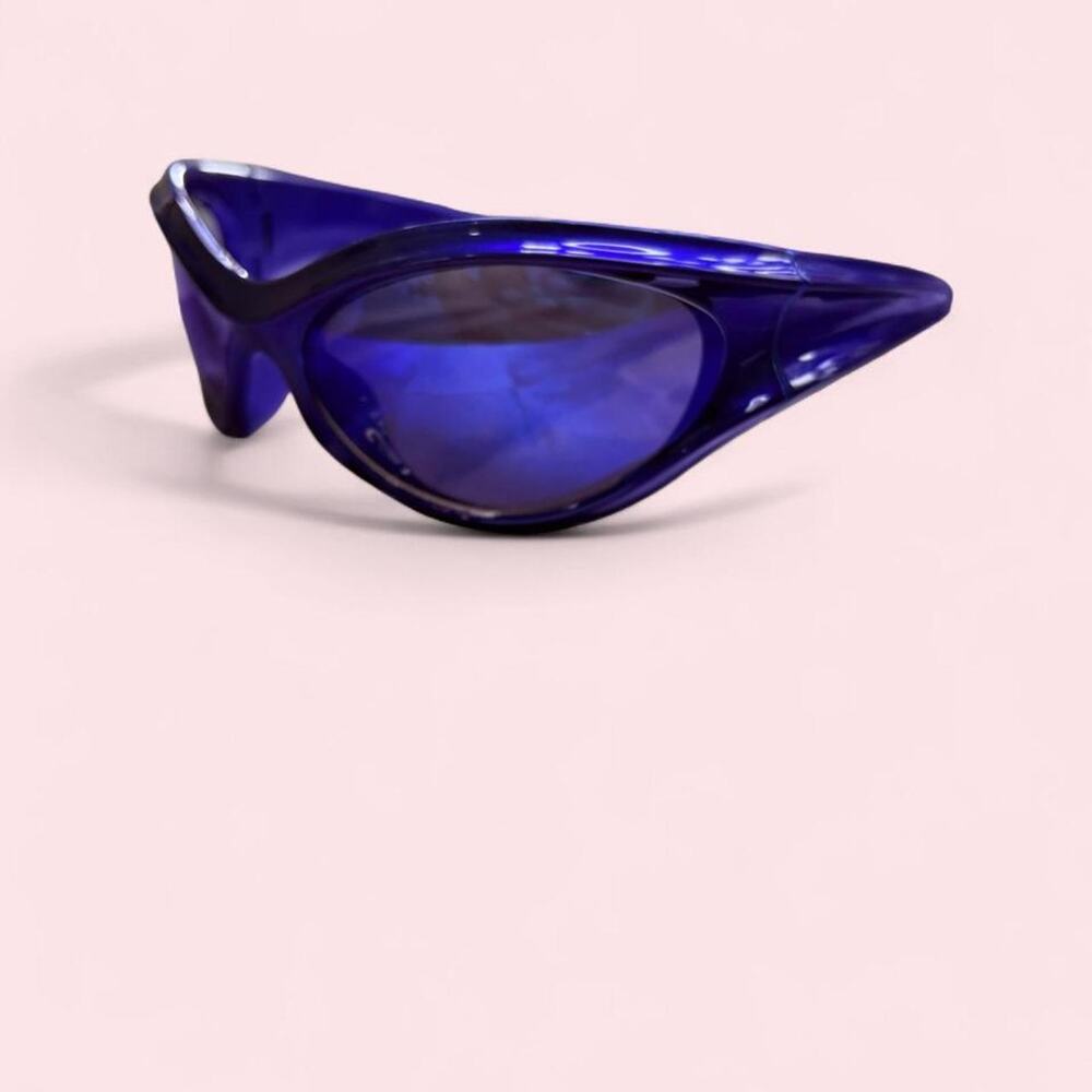 Glossy cobalt blue wraparound shield sunglasses Electric futuristic cybercore